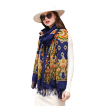 Anyyou Scarf 100% Merino Wool Blue Indian Paisley Silk Satin Large Pashmina - £69.14 GBP