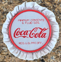 Vintage Coke Coca-Cola 6 Oz Needlepoint in 7&quot; Red Plastic Frame Retro Homemade - $20.57