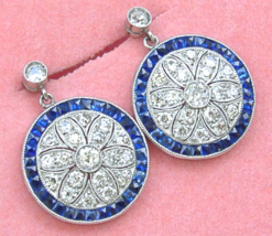 Art Deco 1.8ctw Diamond 1.8ctw Sapphire Halo Stud Round Dangle Cocktail Earrings - £3,268.89 GBP
