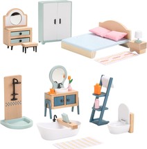 Giant Bean 24 Pcs Wooden Plastic Dollhouse Furniture Set, Bathroom And B... - £19.97 GBP