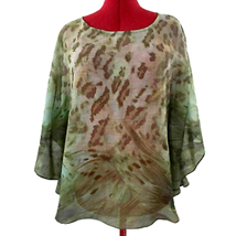 Chico&#39;s Blouse Top Size S/M Earth Olive Green Abstract Semi Sheer Poncho Style - £16.76 GBP
