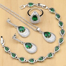 925 Silver Bridal Jewelry Green Stone White Crystal Jewelry Sets Women Weeding E - £28.28 GBP