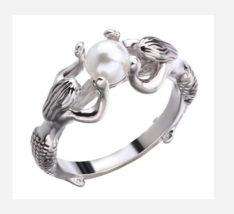 Silver Mermaids With Pearl Costume Ring 5 6 7 8 9 10 - £32.16 GBP