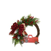 Christmas holiday door wreath 12&quot; round home decor winter red farmhouse truck - $35.00