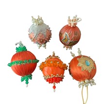 Vintage Satin Christmas Ornaments Set Of 5 Beaded Retro Holiday Decor Orange - £29.73 GBP