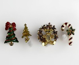 Vintage Christmas Brooch Pin Lot Of 4 Gold Tone  Holly Candy Cane Trees ... - $23.12