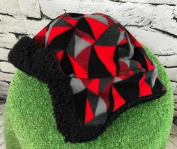 Trapper Hunter Hat Boy Sz 8-16  Red Black Geo Print Sherpa Lined Warm Wi... - $7.91