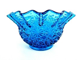 L.E. Smith Blue/Aqua &quot;Daisy and Button&quot; Glass Ruffled Bowl/Dish 3 1/4&quot; Tall - $24.75