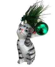 Noble Gems Gray Tabby Cat in Santa Hat Hand blown Glass Ornament 5 in - $20.12