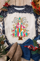 Black Christmas Tree Graphic Bleached Leopard Tie Dye Sweatshirt - $20.25