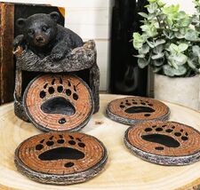 Ebros Rustic Black Bear Cub Tree Trunk Stump Coaster Holder With 4 Coast... - $30.99