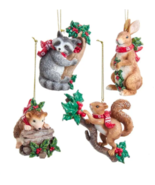 KURT ADLER SET OF 4 WOODLAND ANIMAL WEARING HOLIDAY SCARF XMAS ORNAMENTS E0413 - $39.88