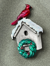 Vintage JJ Signed Silvertone Bird House w Glittery Snow Red Enamel Cardinal Bird - £11.64 GBP