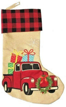 Buffalo Plaid Red Farm Truck Christmas Stocking 3D Wreath Embroidered Pr... - $21.44