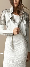 Handmade white Color in belted and long collar style Studded Leather Jac... - $224.99