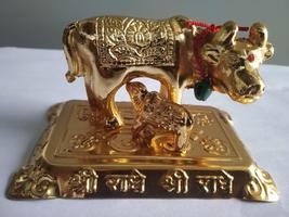 PLANET 007 Gold Plated Kamdhenu Cow and Calf Statue Rectangular Stand wi... - £24.01 GBP