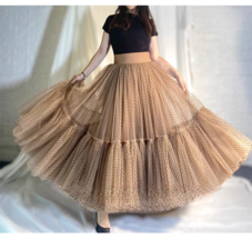 Brown Polka Dot Fluffy Tulle Skirt Outfit Women High Waist Plus Size Tulle Skirt image 5