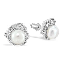 Classic Intertwined Loops Pearl and Cubic Zirconia Sterling Silver Stud Earrings - £14.85 GBP