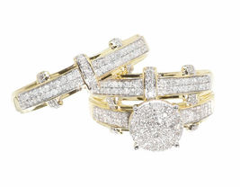 14K Yellow Gold Over Round Pave Diamond Engagement Bridal Wedding Ring Trio Set - £113.39 GBP