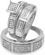 14k White Gold Plated Silver Simulated Diamond Engagement Wedding Trio Ring Set - £160.76 GBP