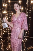 PINK Sequin Midi Dress Party GOWNS Bat Sleeved Vintage Inspired Sequin Dresses