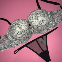 Victoria&#39;s Secret strapless 32DDD BRA SET O/S Thong BLACK WHITE DREAM AN... - $59.39