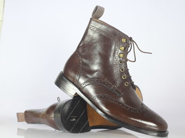 New Handmade Men&#39;s Dark Brown Leather Wing Tip Brogue Boots, Ankle Designer Boot - £125.15 GBP