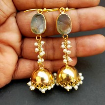 natural crystal and pearl stone earrings, dangle designer earrings, gold plated  - £18.87 GBP