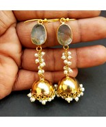 natural crystal and pearl stone earrings, dangle designer earrings, gold... - $456.94 MXN