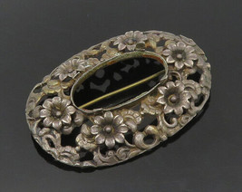 925 Sterling Silver - Vintage Antique Oxidized Floral Wreath Brooch Pin - BP6773 - £54.84 GBP