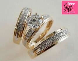 His and Hers Wedding Trio Ring Set Round Cut Diamond 14k Gold Plated 925 Silver - £118.21 GBP