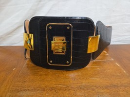 Elisabetta Franchi Black Vegan Leather Wide Belt 40 Gold Metal Logo Buckle - $164.95