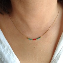 Minimalist gold red miyuki necklace,tiny beaded jewellery,dainty thin short laye - $32.95+