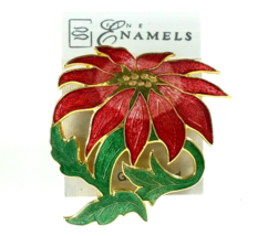 Christmas Poinsettia Enamel Brooch Fish Enterprises  22 ct Gold Plated - $22.00