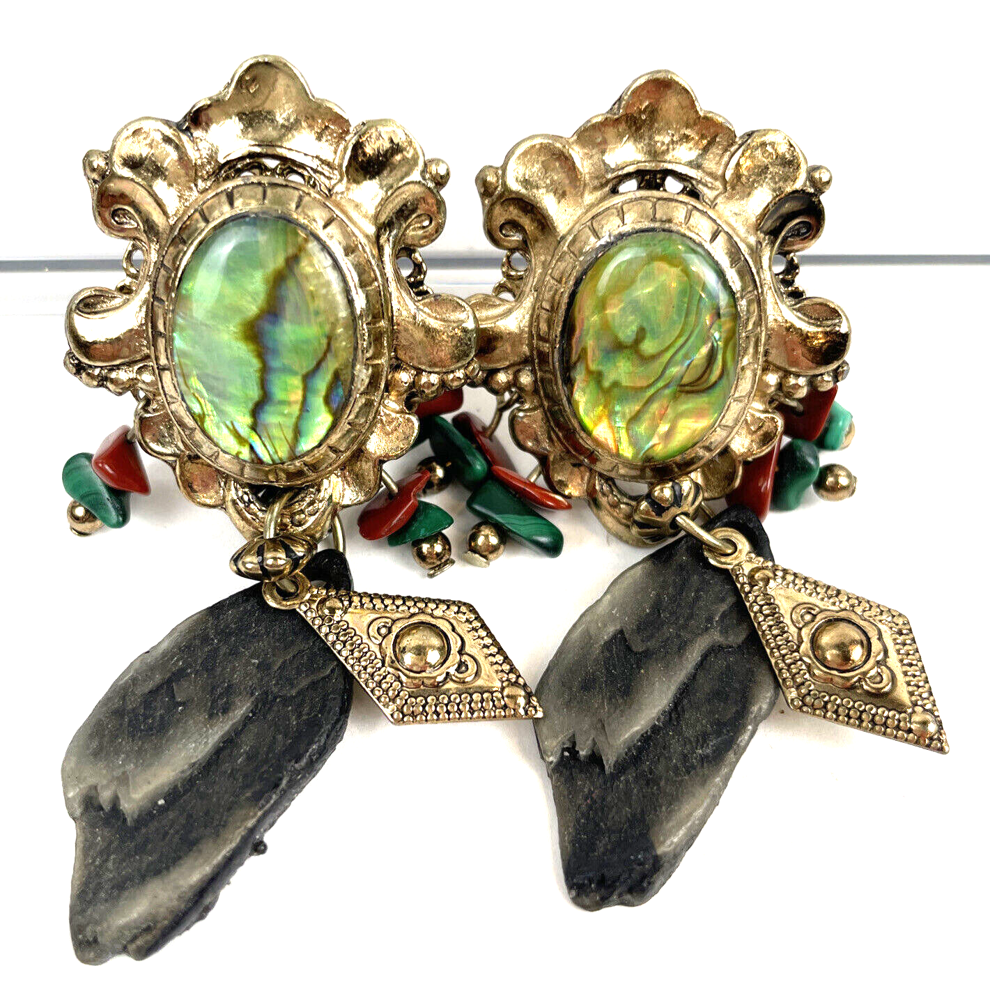 Primary image for Vintage Abalone Clip On Earrings Multistrand Dangle Stone Gold 1980's