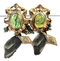 Vintage Abalone Clip On Earrings Multistrand Dangle Stone Gold 1980&#39;s - £33.45 GBP