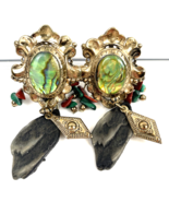 Vintage Abalone Clip On Earrings Multistrand Dangle Stone Gold 1980&#39;s - £33.03 GBP