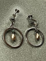 Vintage Simple Open Circle w Champagne Faux Pearl Bead Dangle w Sterling SIlver - £11.88 GBP