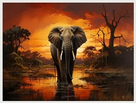 Scenic Majestic Elephant In The Sunset Canvas Print Framed 12&quot; x 16&quot; NEW! - £10.98 GBP