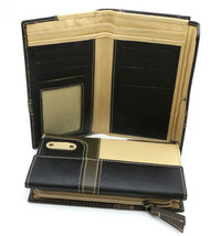 Bifold Black &amp; Beige Genuine Leather Large Compact Wallet w Side Zipper Pocket - £14.23 GBP