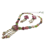 Multi Colour Tourmaline Carved Beads Diamond 18K Gold Silver Pendant Ear... - $20,855.27 MXN