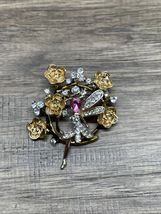 Gold Tone Rhinestone Fairy Floral Flower Brooch Pendant Estate Jewelry K... - $8.91