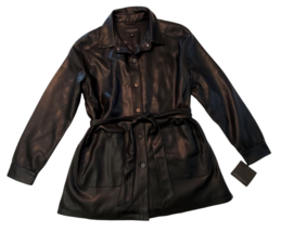 Andrew Marc New York Black Soft Faux Leather Trench Coat Belted Large $1... - $67.54
