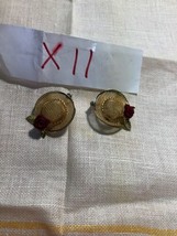 HAT Earrings Gold Tone &amp; Red Rose Red Hatters?  Vintage?  Preowned - £8.24 GBP