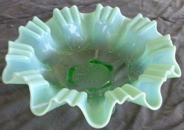 Antique Opalescent Green Glass Footed Flared Rim Dish - Vgc - Unusual Design - £31.06 GBP