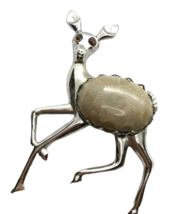 Vtg Deer Brooch Pin Rhinestone Eyes Fossil Cabochon Woodland Animal silvertone - £20.71 GBP