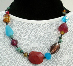 Art Glass Stone Mixed Materials Necklace Earthtone Boho Jewelry Teal Brown - £9.41 GBP