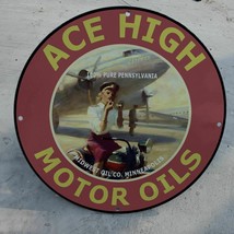 Vintage 1941 Ace High Pure Pennsylvania Motor Oils Porcelain Gas &amp; Oil Sign - £116.65 GBP