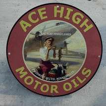 Vintage 1941 Ace High Pure Pennsylvania Motor Oils Porcelain Gas &amp; Oil Sign - £111.58 GBP