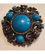 Vintage Lion Heads  Brooch Rhinestone Blue Silver Tone costume jewelry - $54.71 CAD